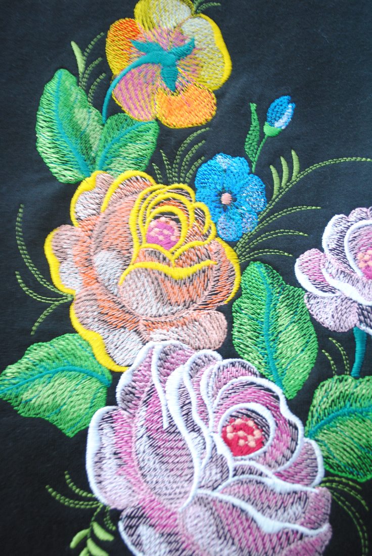 Floral rose and butterfly embroidery close-up