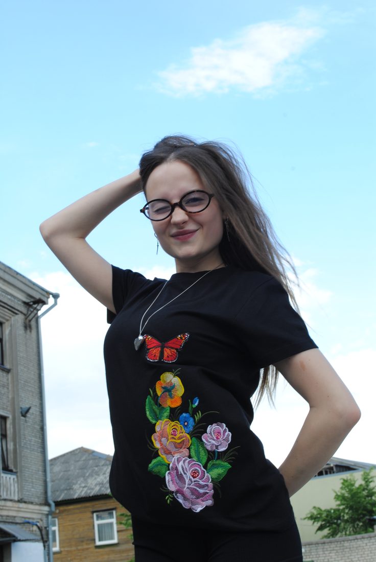 Floral embroidery tee worn