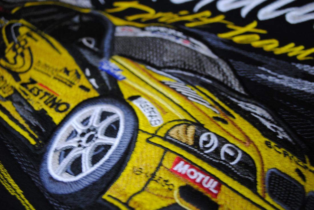 Macro of embroidered drift-car stitching
